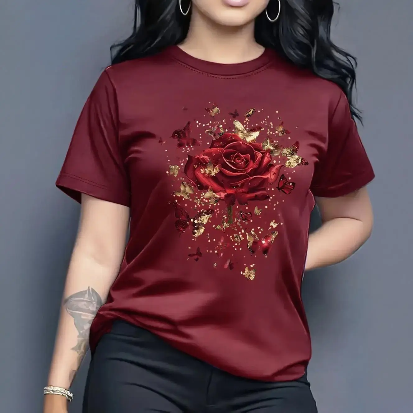 Women's Pure Cotton Basic Short-Sleeve T-Shirt - Smooth Surface Fabric, Loose Round Neck, Vibrant Purple Butterfly Rose Print, Asymmetrical, Christmas, Fitted Casual Spring-Summer Wear, Do Not Bleach, Shortsleeve