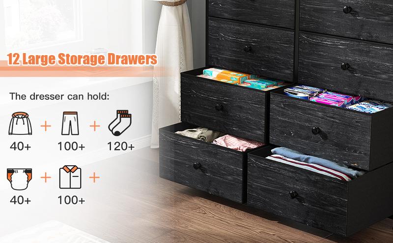 Raybee Furniture Dresser For Bedroom With 12 Drawers, Tall Dressers For Bedroom Black Dressers & Chests Of Drawers For Closet, Living Room, Wood Top, Metal Frame