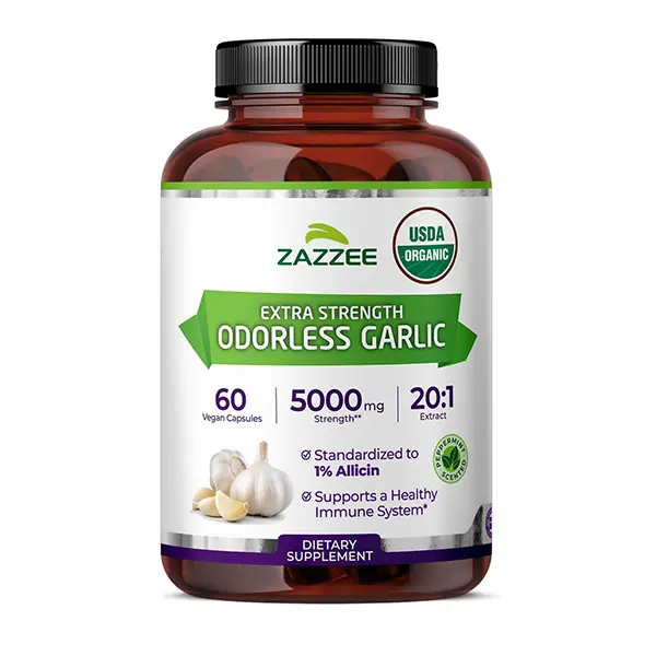 Organic Odorless Garlic Extract 20:1 with 1% Allicin, Allium Sativum Supplement, Supports Heart Health, Healthy Circulation, Immune Function & Antioxidant Defense, Vegan, Non-GMO, Gluten-Free, Made in USA, 60 Capsules (2-Month Supply)
