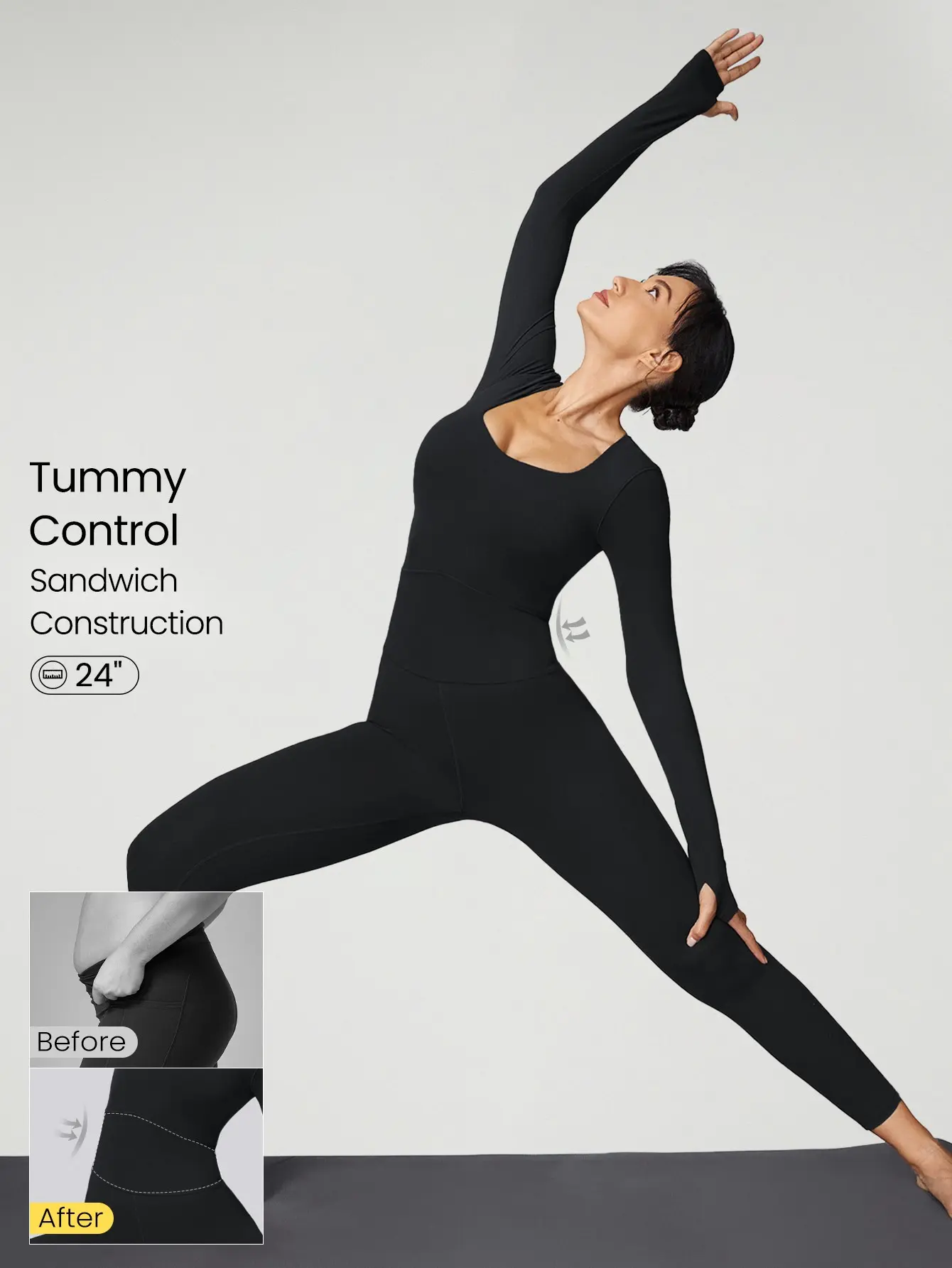 GLOWMODE FeatherFit Scoop Neck Tummy Control Jumpsuit Full Length Long Sleeve