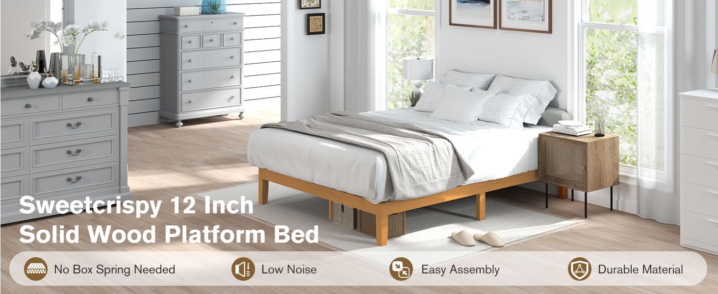 Solid Wood Bed Frame, Bed Base with Wood Slat Support, Sturdy & Stylish Design, No Box Spring Needed, Easy Assembly, 12 in Natural Pine
