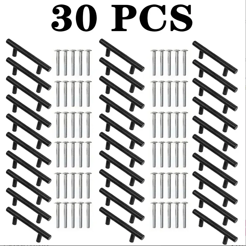 30-Pack Contemporary Matte Black Rust-Resistant Corrosion-Resistant Polished Stainless Steel Cabinet Handles - 15cm Drawer Pulls, 9.6cm Center-to-Center Spacing, 30-pack Value, Easy DIY Install, Kitchen Fit, Includes Hardware, Long-Lasting Durability