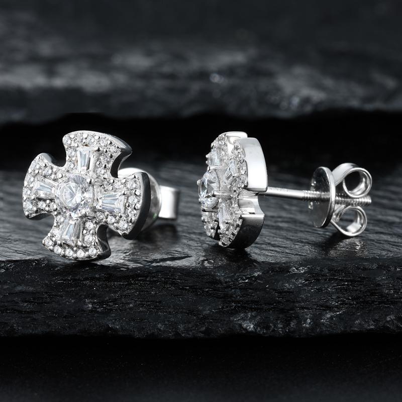 【#E567】Creative Cross Stud Earrings UCClYO Four-Leaf Clover Lab-Created Moissanite Earrings for Women 925 Sterling Silver Men's Stud Earrings Hip-Hop Jewelry Couple Gift Valentine's Day