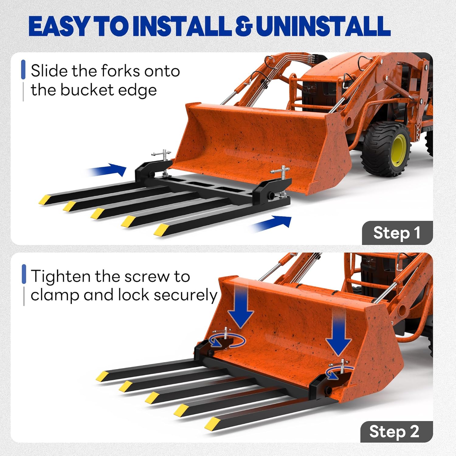 OEDRO Upgraded Clamp on Debris Forks - 48" 2500LBS Heavy Duty Quick Attach Tractor Bucket Pallet Forks with Helical Screw Design for Skid Steer, Farm, Construction, Warehouse Forklift