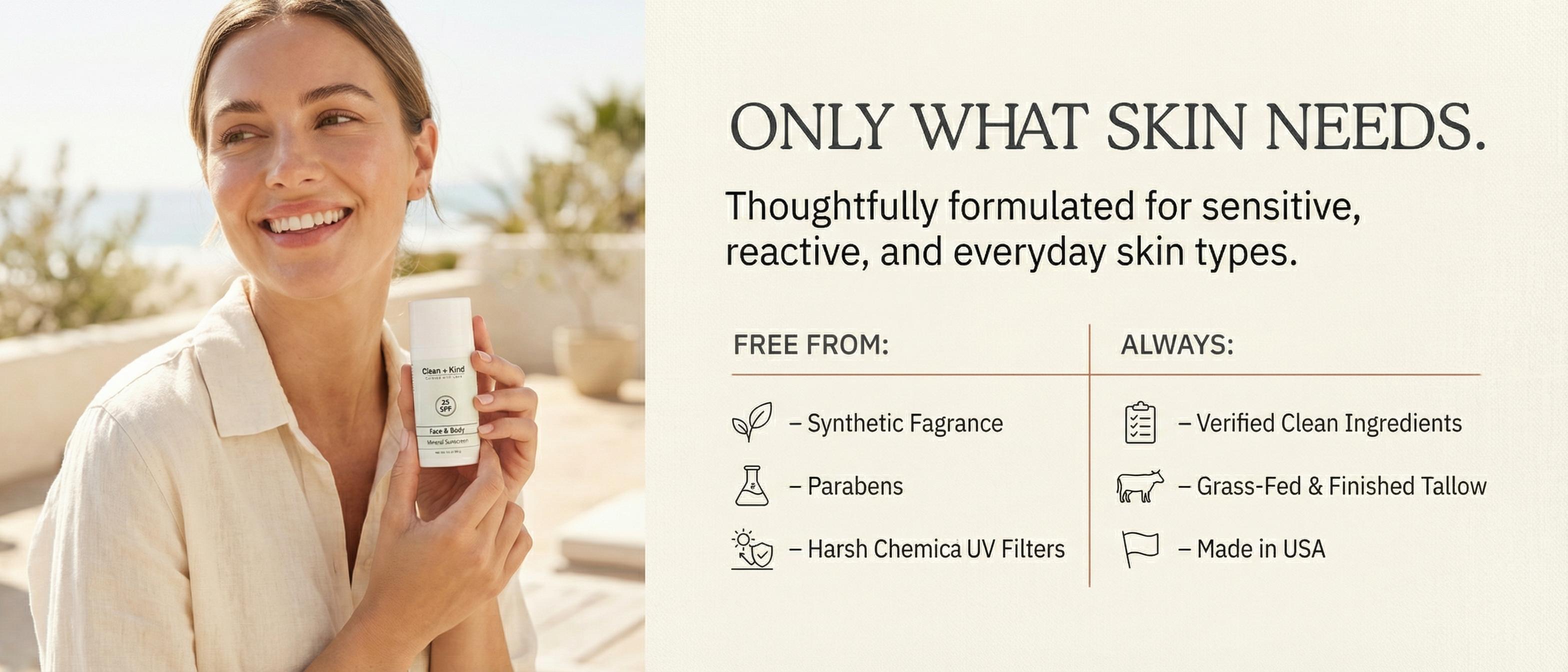 Clean + Kind Tallow Mineral Sunscreen - Lightweight Clean Sun Protection - Non-Nano Zinc Oxide & Raspberry Oil - Reef Safe Organic Daily