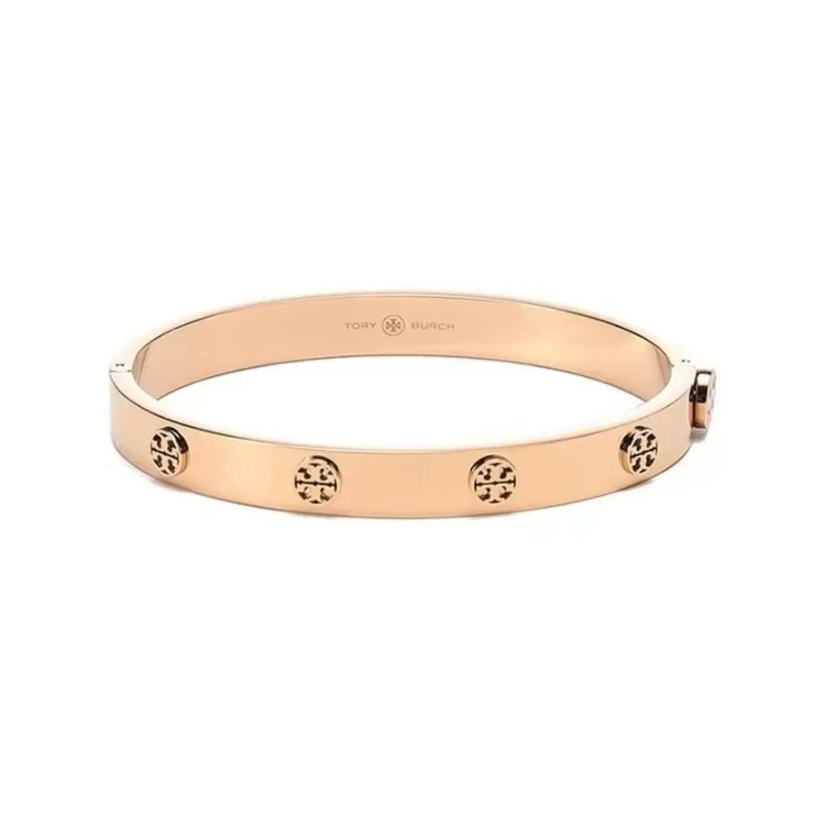 Tory Burch Licensed Hinged Bangle Bracelet, Signature Logo Stud Stainless Steel Cuff Bracelet Stackable Daily Wear Jewelry for Women