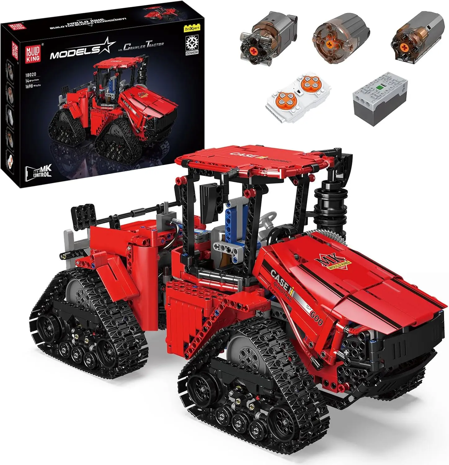 Mould King 18020 Remote Control Truck Tractor Building Blocks Kit, Electric Quadtrac 600 Tracked Tractor, Heavy Construction Vehicle Clamp Tractor 1698 PCS