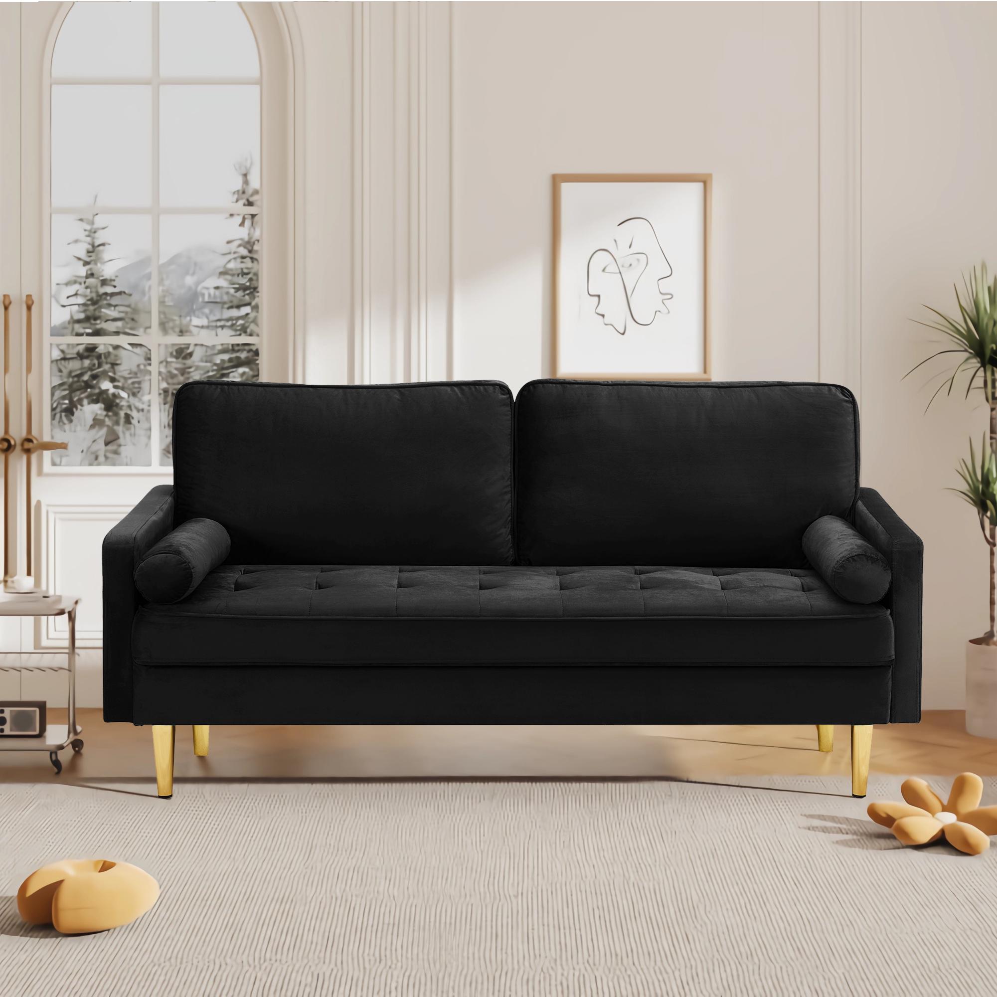 【HolidayHaul】66" Modern Velvet Loveseat Sofa - Mid-Century Tufted 2-Seater Couch with Golden Legs & Pillows, Aesthetic Lounge Furniture for Compact Space, Living Room & Apartment Interior (Green)