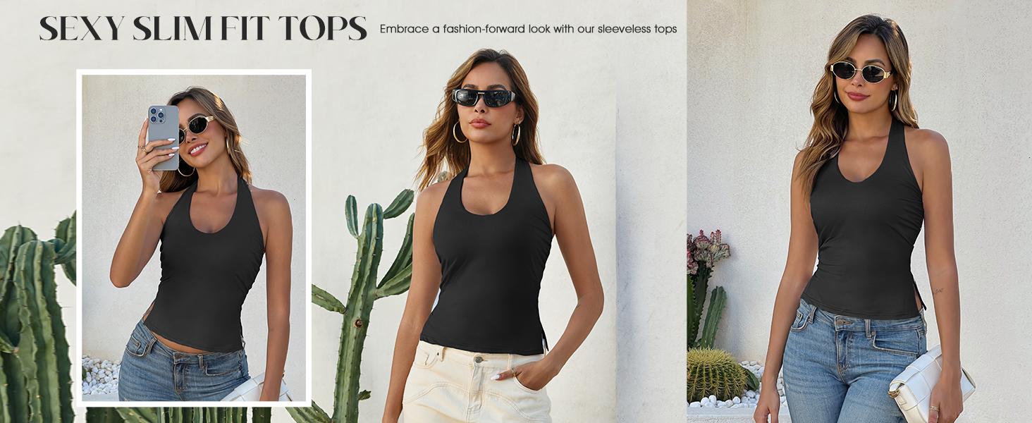 Tankaneo Womens Sexy Scoop Neck Halter Tops Backless Ruched Knit Tank Tops Summer Sleeveless Fitted Going Out Shirts