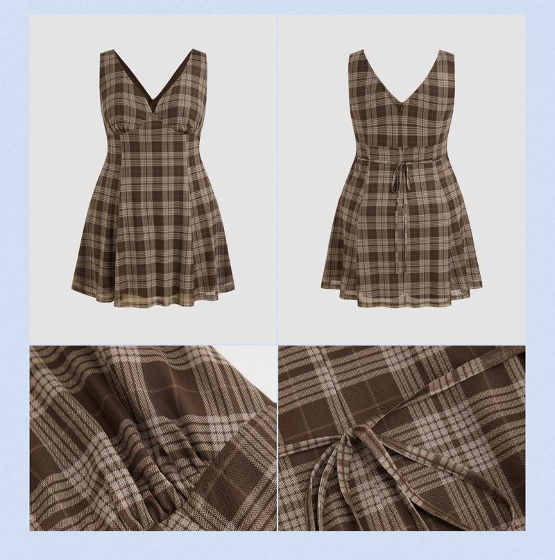 Cider [3 colors, size 0-26] V-neck Check Mini Dress Curve & Plus