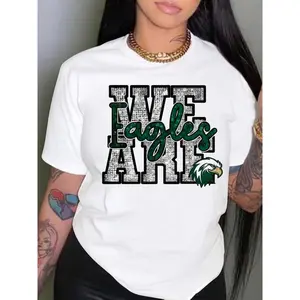 Women's Eagle & Letter Print Casual T-Shirt - Crew Neck, Short Sleeve, Breathable Summer Top with "WE ARE EAGLES" Design, White