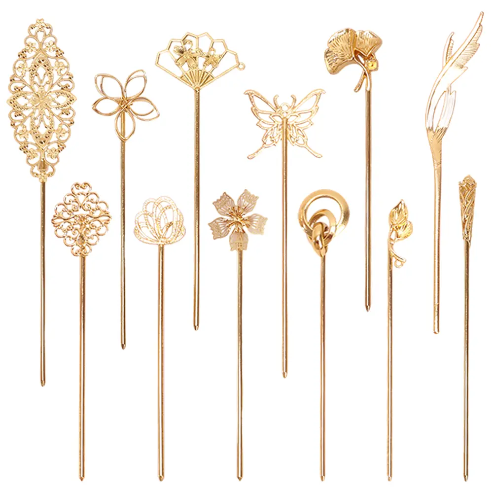 12 Pack Gold Decorative Chinese Vintage Butterlfy Flower Metal Hair Sticks Chopsticks Retro Hair Pins Forks Hairpins Hair Bun Updo Holders Long Thick Hair Accessories for Women Girls