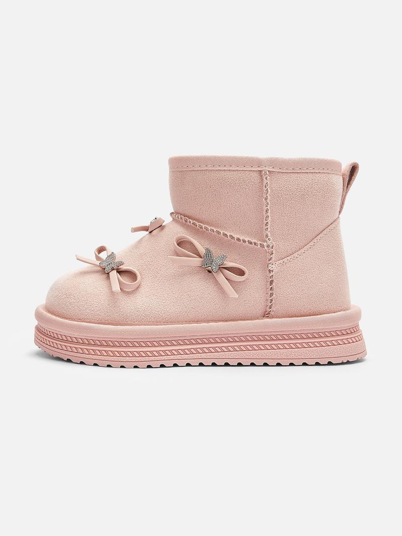 Balabala Girls' Fleece-Lined Suede Snow Boots - Warm Waterproof Anti-Slip Winter Short Boots with Bow Decoration & Anti-Bacterial Technology