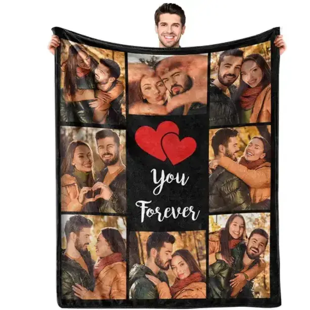 Custom Photo Personalized Throw Blanket, Sherpa Style Flannel Blanket for Couple Memories, Girlfriend Boyfriend Gift, Soft Bed Sofa Keepsake, Anniversary Birthday Home Decor, Family Picture Comfort Accent Gift