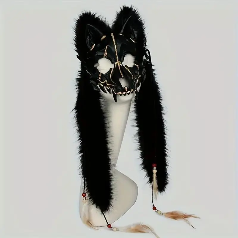 Viking Fox Mask with Faux Fur Headdress, Furry Mask, Adult Spooky Halloween Event Fancy Costume Accessory, Mask Design, Perfect for Cosplay & Parties, Party Face Masks, Ideal Gift for Enthusiasts, Festival Party Supplies