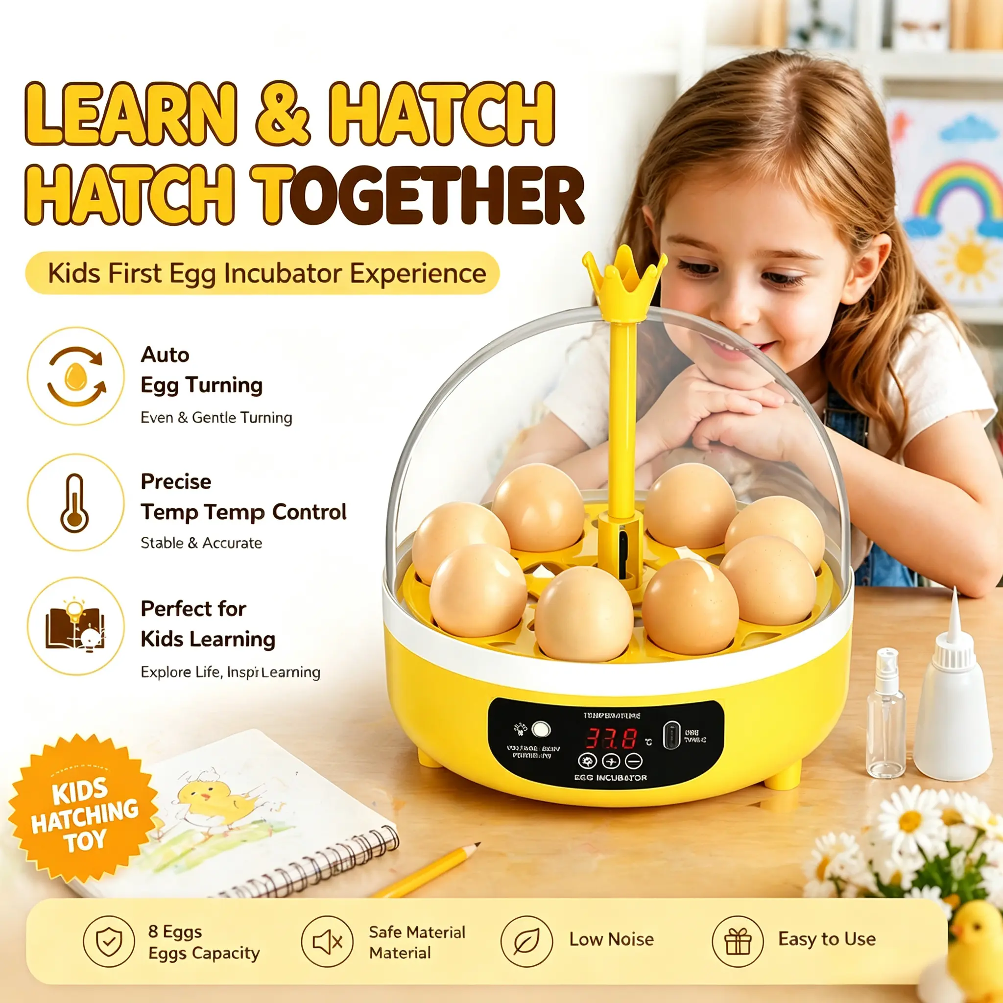 Mini Automatic Egg Incubator, 8‑Egg Capacity, Auto Egg‑Turning, Precise Temperature Control, Low‑Noise Educational Science Toy Gift for Kids, for Hatching Chicken Quail Pigeon Eggs At Home