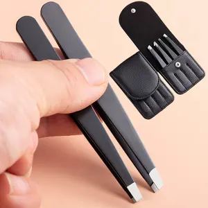 4 Pieces Tweezers Set with Travel Case, Great Precision Professional Anti-rust Alloy Tweezers for Women & Men Multi-purpose as Eyebrows Facial Hair Ingrown Nose Hair Removal