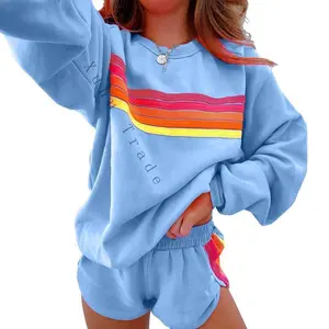 Women's Comfy Striped Accent Pullover and Shorts Two Piece Casual Set Pajamas Set Family Pajama Set Cotton Fabric Loungewear • Blue Long Sleeve