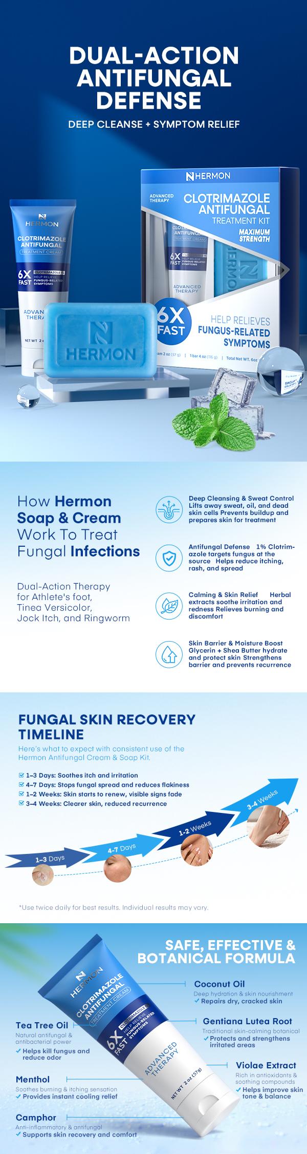 Hermon Advanced Therapy Clotrimazole Antifungal Treatment Cream & Soap Kit - 57g Tube & 113g Bar - Relieves Athletes Foot Jock Itch Ringworm - Maximum Strength