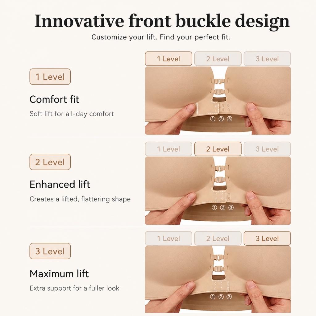 Three adjustable lift levels of the dual front-buckle strapless bra