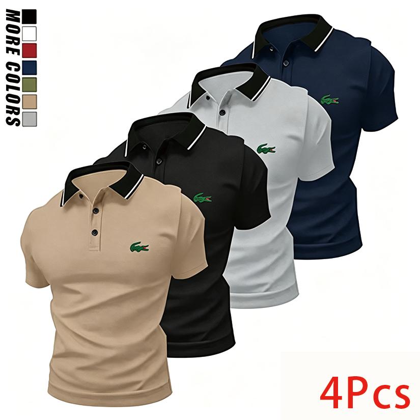 Men's Slim-Fitted Shortsleeve Croco Print Polyester Polo Shirts (4-Pack) - Menswear with Collar, Button Placket, Stretchy Comfort, Machine Washable - Suitable for Golf, Everyday Casual Wear