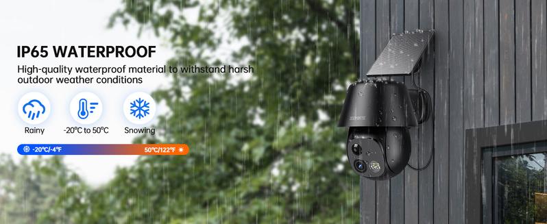 ZEEPORTE 2K WIFI  Security Cameras Wireless Outdoor-360° PTZ Cameras for Home Security with Solar Panel/Battery Powered, Night Vision, Two-Way Audio, PIR Sensor