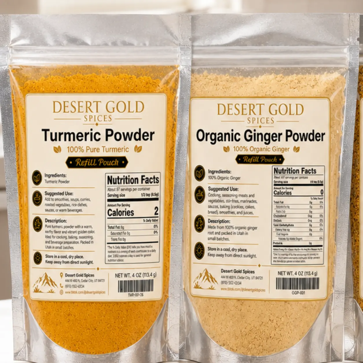 Desert Gold Spices Turmeric & Organic Ginger Powder 2-Pack - 2 x 4 oz Resealable Refill Pouches, Pure Ground Culinary Spices, Small-Batch Packed