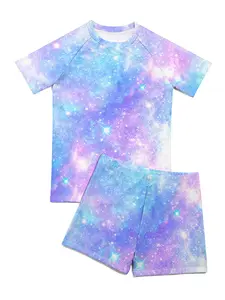 Holafish Girls Swimsuits Two Piece Rash Guard Set Short Sleeve Bathing Suit Liner Swimwear with Sun Protection 3-10Y