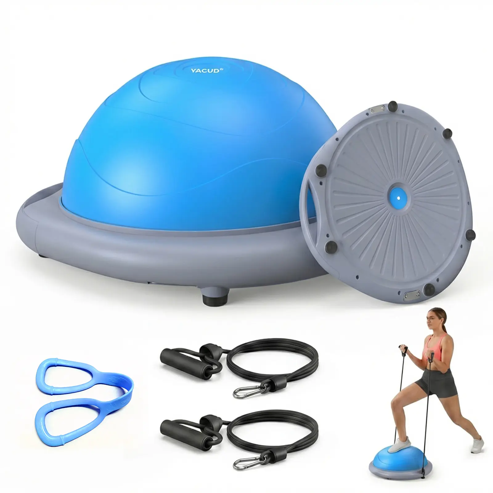 Yagud Balance Ball Trainer with Resistance Bands and Foot Pump, Inflatable Yoga Ball for Home Gym Workouts, 24 Inch Exercise Half Ball for Balance Training Core Strength Fitness More, 660lb Capacity