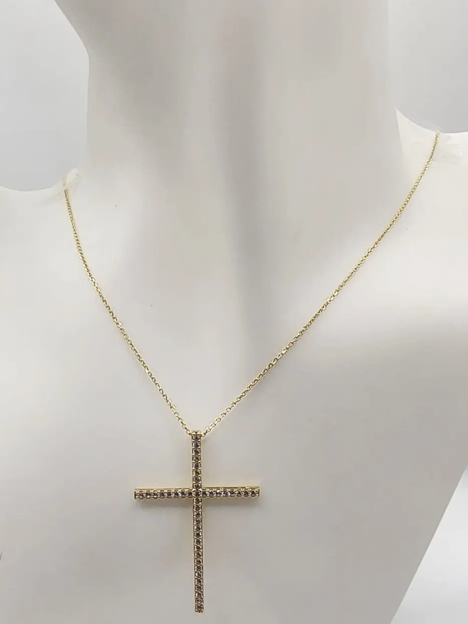 Women's 10 Karat Gold Faith Cross Necklace - Tejida Chain with Zirconia Cross, Daily Gold Charm for Everyday Elegance Fashion Accessory