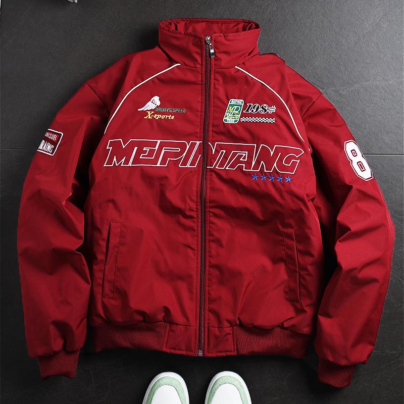 Men's Racing Style Bomber Jacket - Graphic Print with Patch Details, Stand Collar Design, Fleece Fabric Offers Comfort and Warmth, Perfect for Casual Street Style, Everyday Wear, or This Season's Trendy Sporty Look Coats Long Sleeve