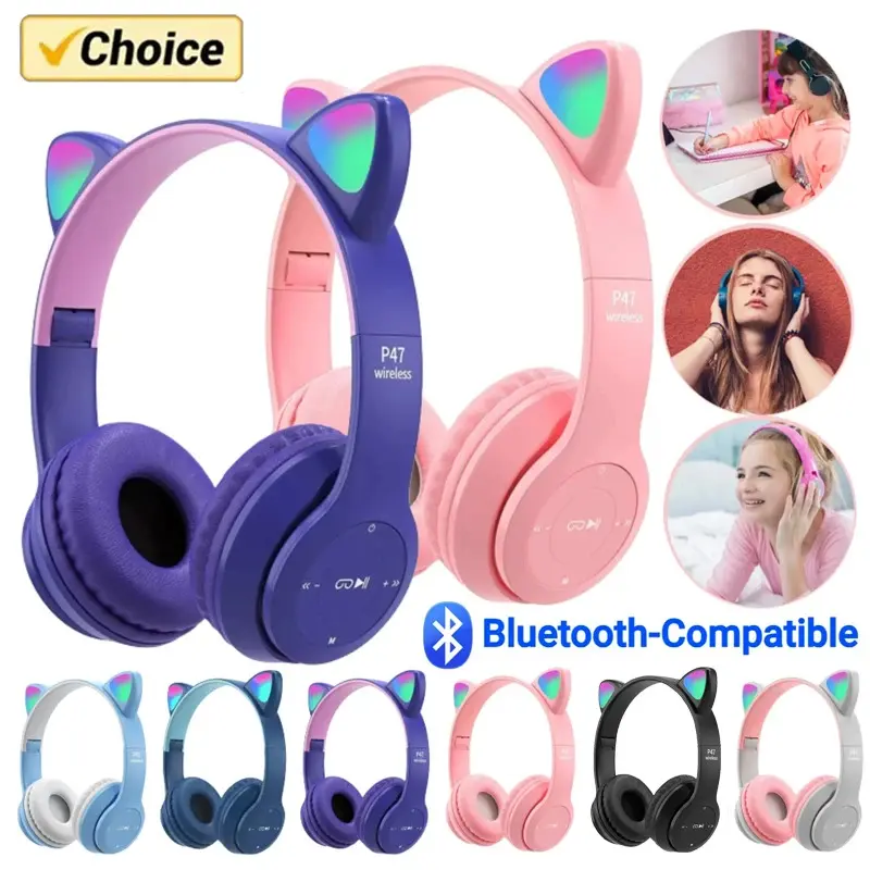 Choice P47M Wireless Electronic Earphones - Grey In-Ear Headphones with Gel & Leather ABS Audio Buds, Silica Gel Tips, LED Flashlight, Cat Ears, Bluetooth Compatibility, Festive Party Gifts for Home Use, In Earheadphones