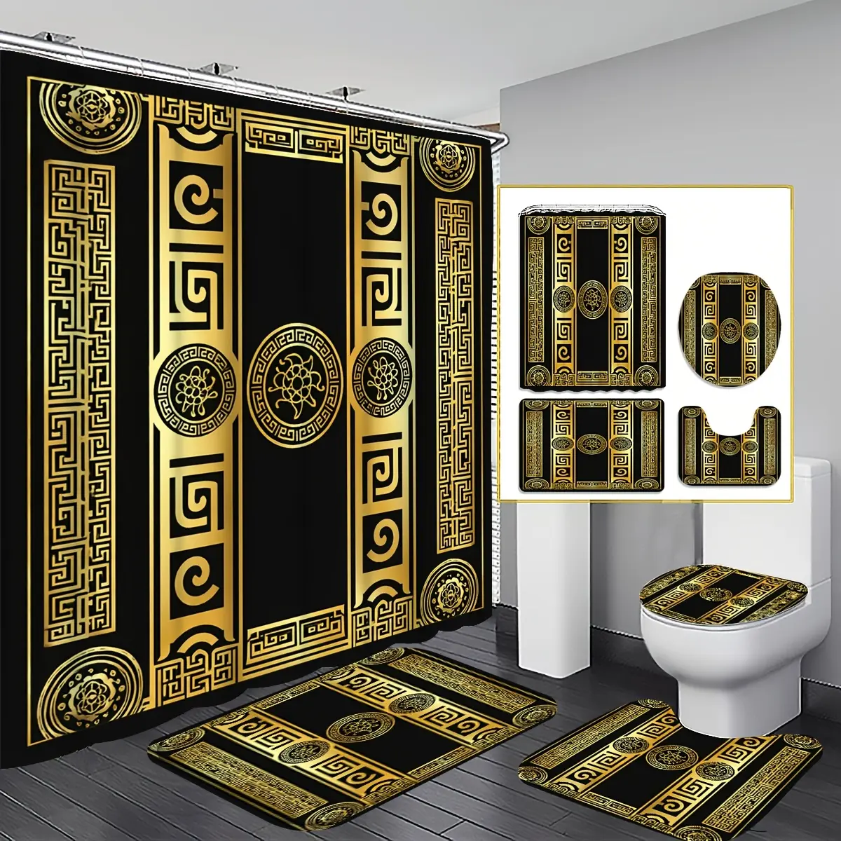 2D Flat 4PCS Luxury Golden Geometric Pattern Shower Curtain Set, Black and Golden Ornamental Border Bathroom Decor, Accessories with Bath Mat, U-shaped Mat, Toilet Lid Cover, Shower Curtain Includes Hooks, Home Decor, Bathroom Accessories