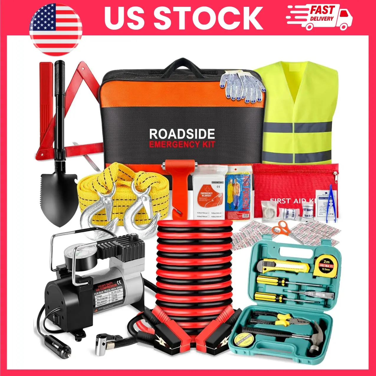 Car Emergency Kit with Air Compressor, Roadside Emergency Car Kit, Vehicle Safety Kit, Auto Emergency Tool Set, Portable Tire Inflator, Jumper Cables, First Aid Kit, Winter Car Survival Kit, Tow Rope, Folding Shovel,Reflective Safety Gear for Cars, Trucks