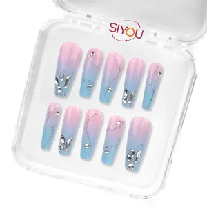 MERMAID SHORE Premium Handmade Press-On Nails Long-Lasting Long Coffin Shape Glossy Pink And Light Blue Finish Glossy Pink Light Blue Capture Magical Shimmer Style