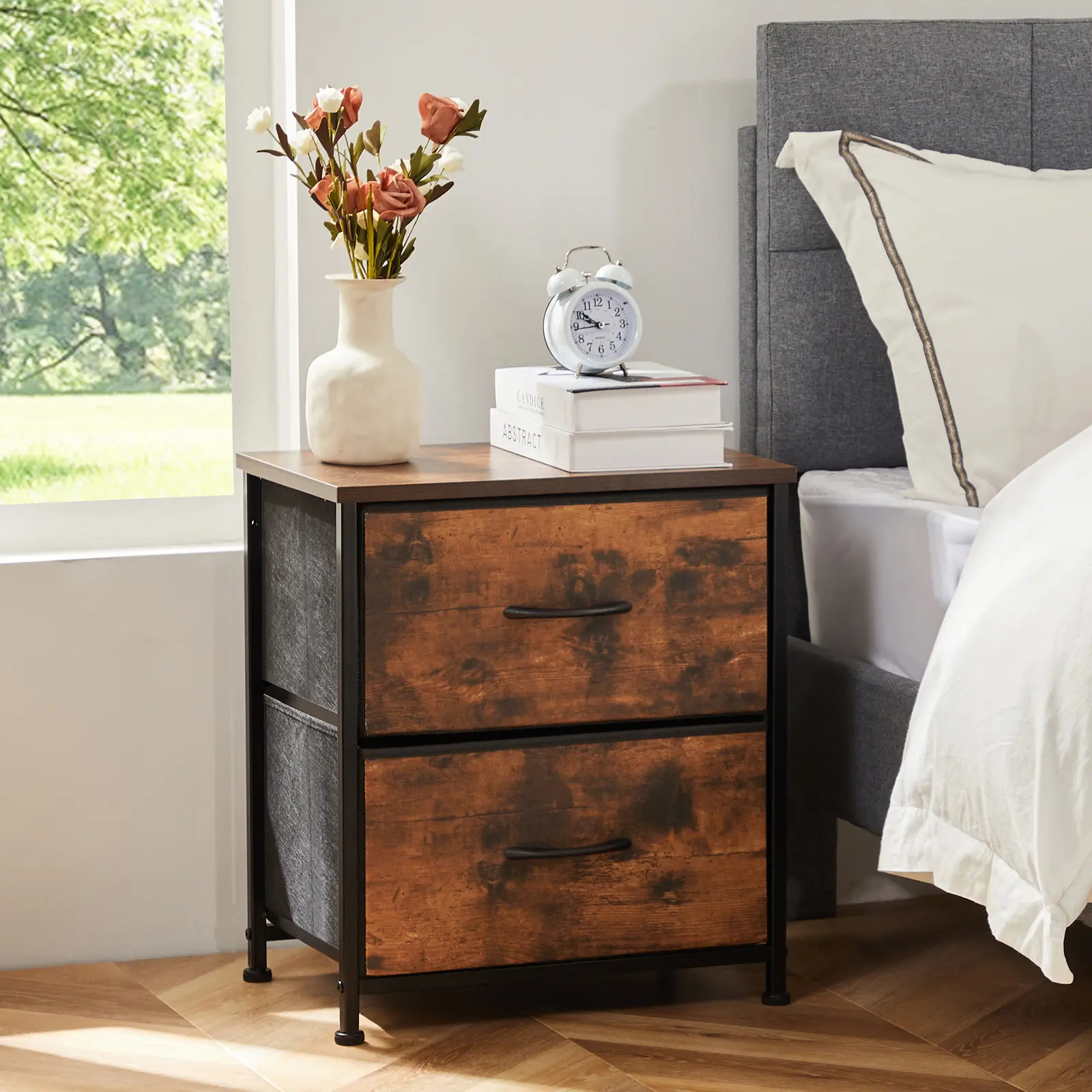 Nightstand with 2 Fabric Drawers, Tall Nightstand, Dresser,  End Table, Bedside Table, Bedroom Furniture for Living Room, Entryway, Nursery, Closet,dorm essentials,home decor