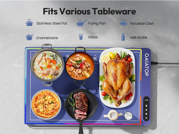 Gaiatop Party Buffet Food Warmer with Trivet - RGB Edge, Electric Warming Mat, 6 Temp Levels (122℉-212℉), 6 Timer Settings, Full-Surface Fast Heating, Portable Silicone Design Dishware Lighting Modes Dishware Lighting Modes Easy Storage