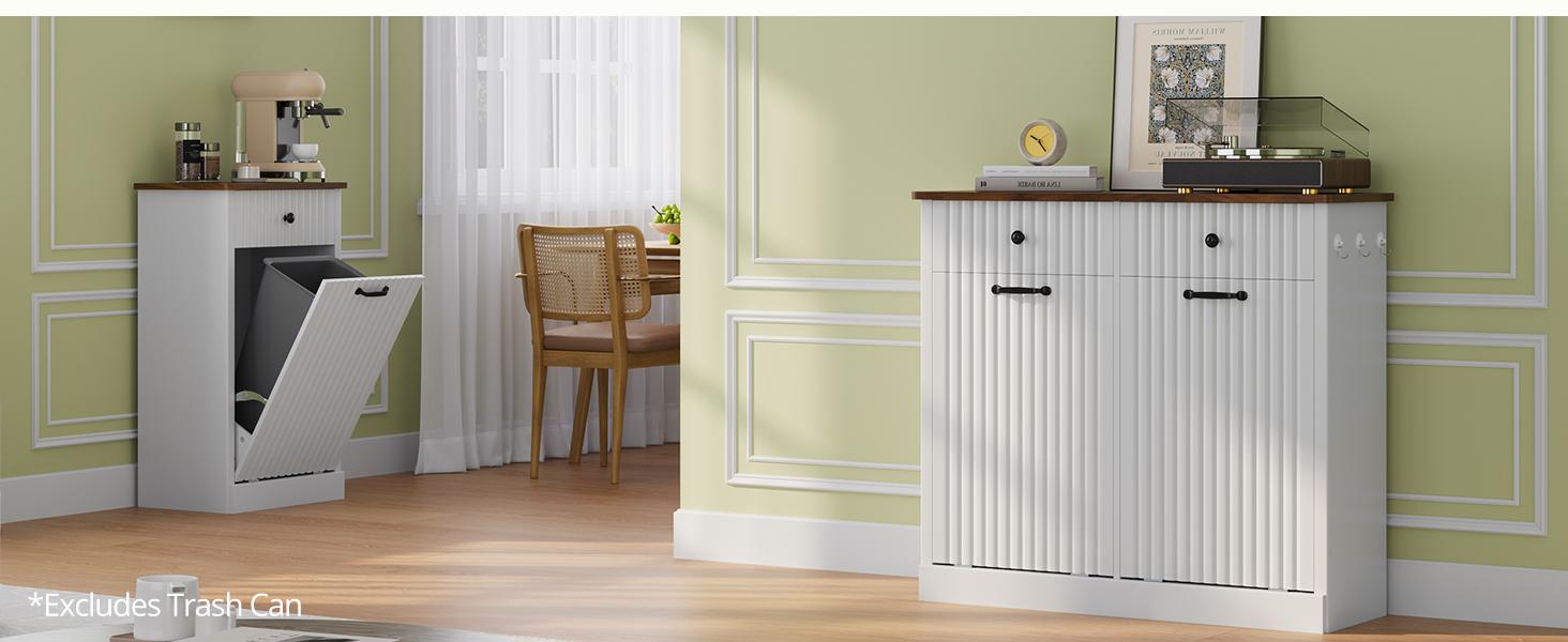 Double Tilt Out Trash Can Cabinet, 20 Gallon Fluted Laundry Hamper Cabinet with 2 Drawers, Wooden Hidden Garbage Can Cabinets for Kitchen, Living Room, Without Trash Bin or Laundry Hamper,Black