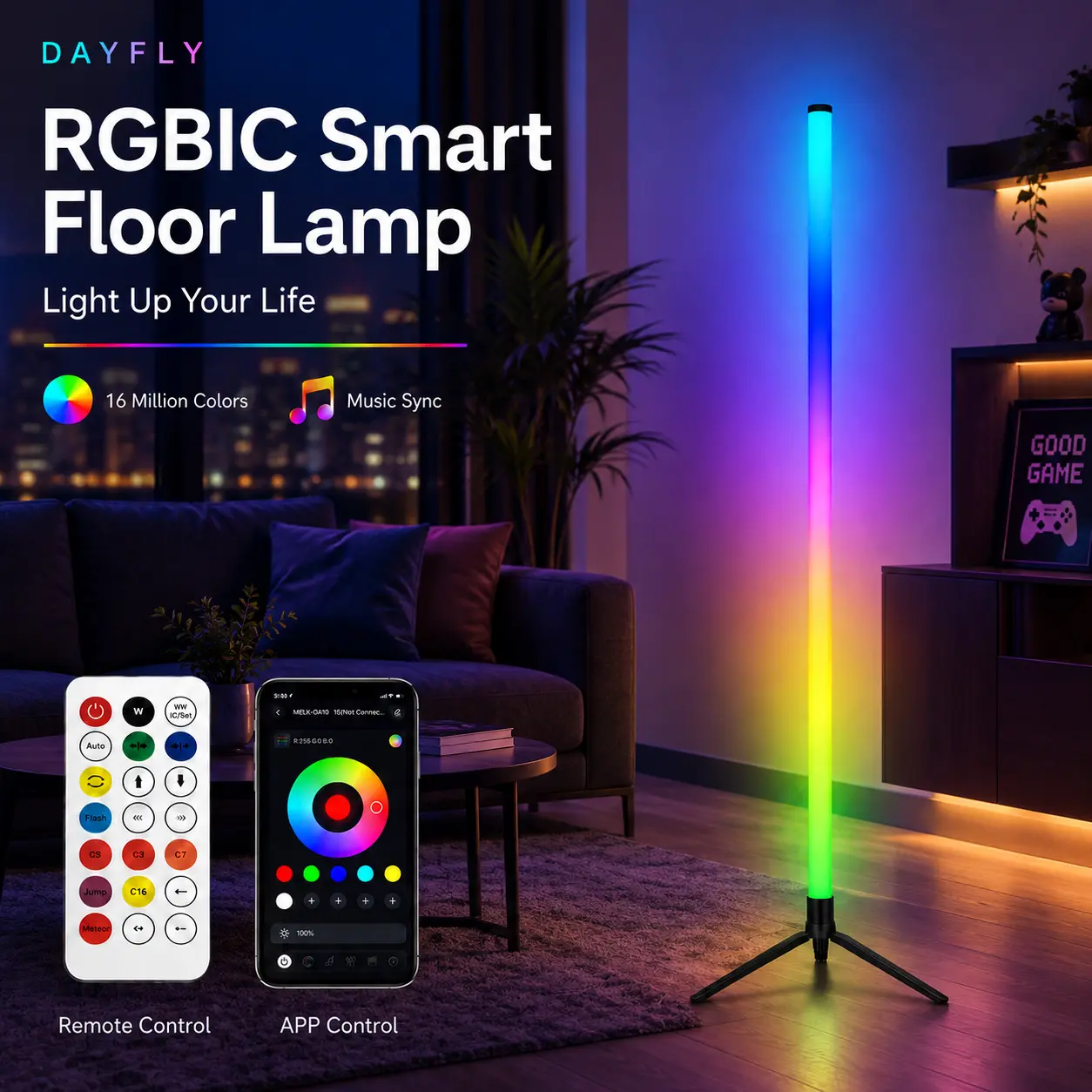 1PC/2PC RGB Smart Floor Lamp, USB Powered Color Changing LED Corner Light with Music Sync, App & Remote Control, Relaxation Smart Ambient Lighting for Bedroom, Room Decor,sohochic,Dayfly
