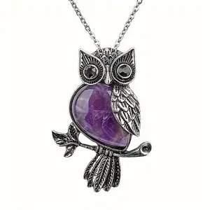 Owl Necklace Gifts Healing Crystal Stones Pendant Necklaces for Women Men Natural Amethyst Rose Quartz Gemstone Jewelry for Reiki Spiritual Energy Lucky