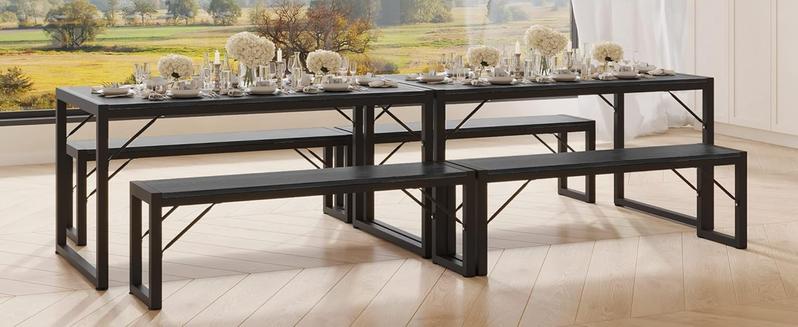 Gizoon 45.5" Dining Table Set for 4 with 2 Benches, Kitchen Table Set with Metal Frame & MDF Board, Space-Saving Dinette for Kitchen, Dining Room -Black