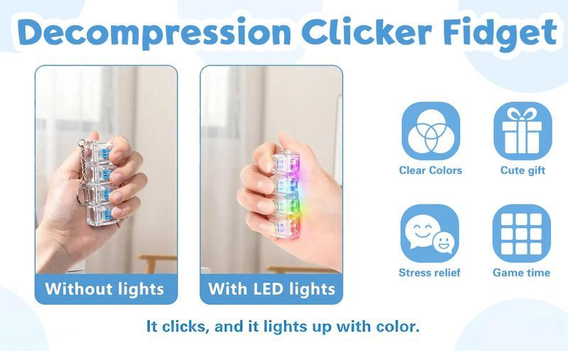 4 Pack Mechanical Keyboard Keychain Decorations with LED Glowing Lights, Stress Relief Fingertip Clicker with Transparent Crystal Keycaps, Fingertip Fidget Toys and Fun Pendant for Boys, Girls and Adults, New Year's Day Gifts, Valentine's Day Gifts