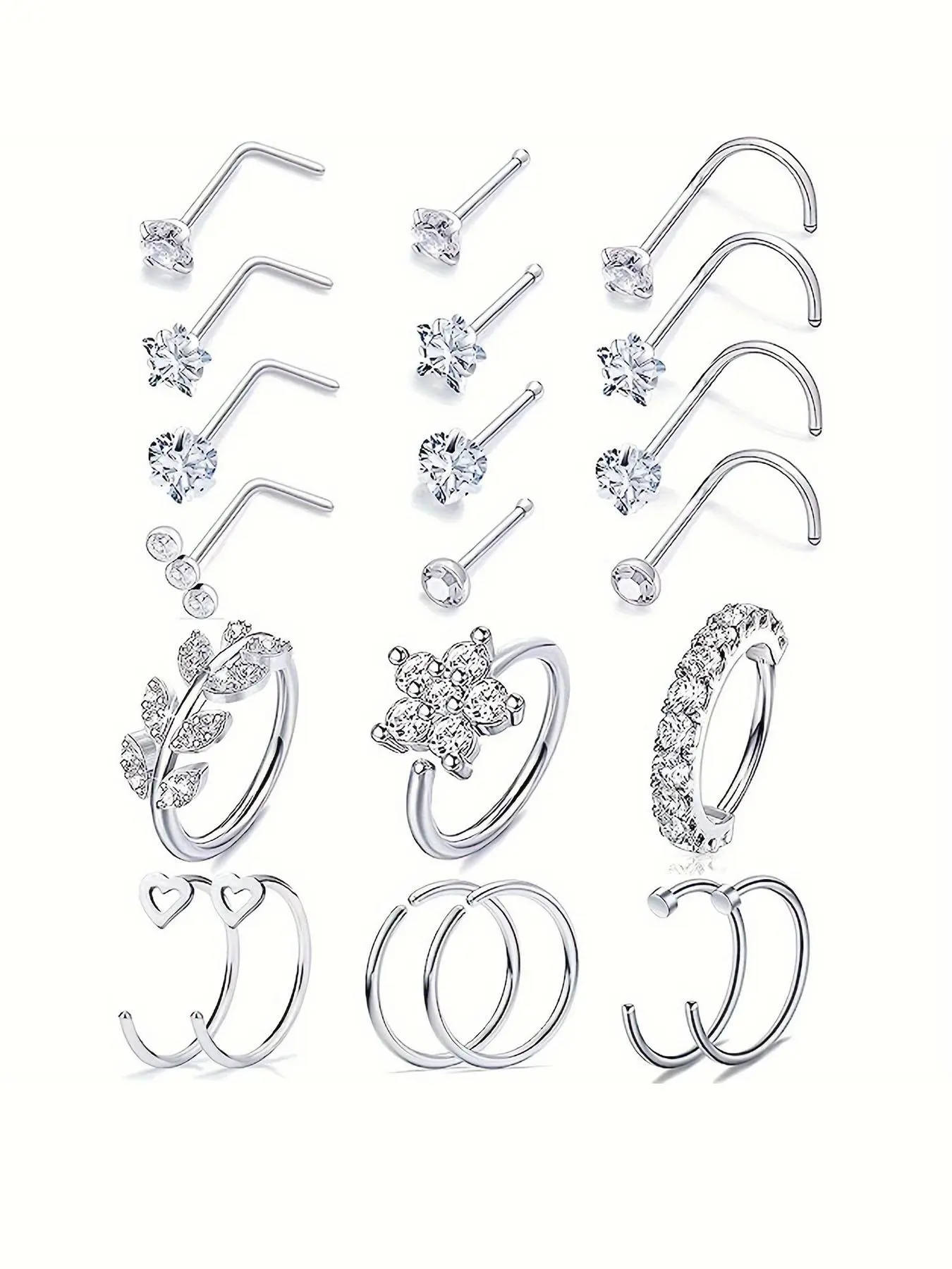Women's Elegant Rhinestone & Flower & Star Decor Nose Ring, Trendy Exquisite Cubic Zirconia Nose Piercing Jewelry, Chic Body Jewellery for Party Decor, Labret, Nose Rings Hoops, Nose Rings Set
