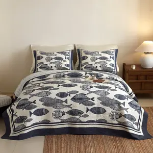 3Pcs Coastal Nautical Fish Pattern Quilted Bedspread, Navy Blue & White Reversible Bed Cover Set, Soft Breathable Cotton Bedding, Beach Cottage Bedroom Decor