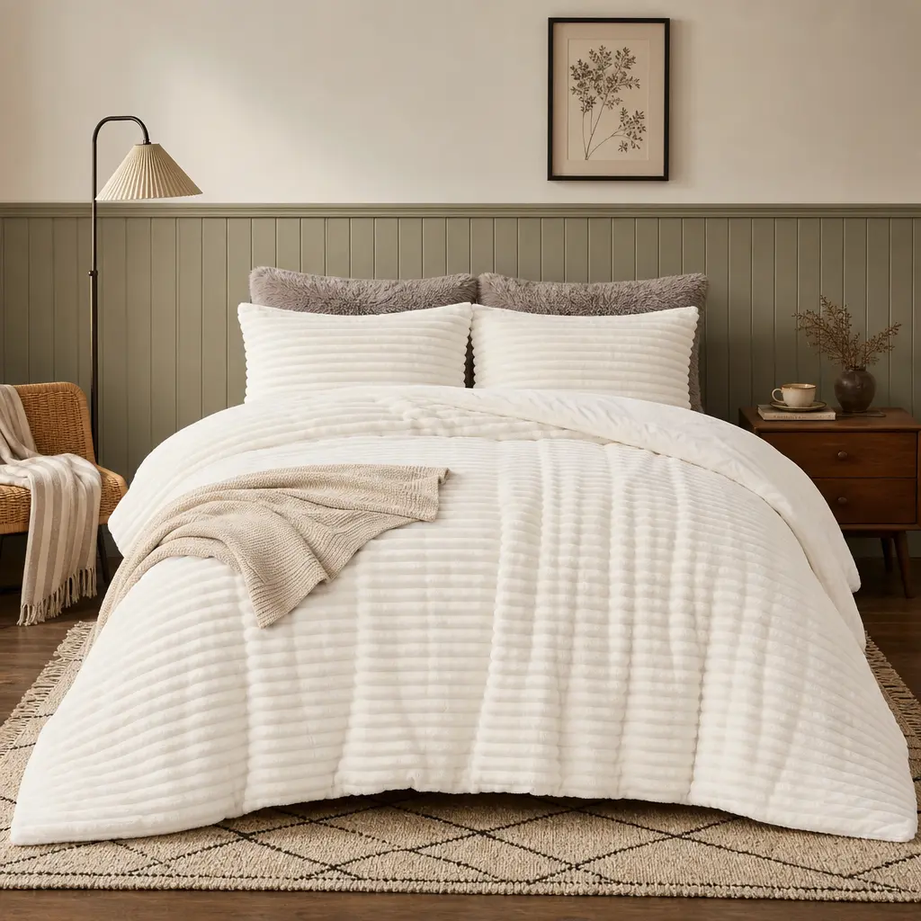 Sasttie Queen Comforter Set 3 Pieces - Super Soft Fleece Comforters Queen Size, 1 Luxury Warm Fuzzy Marshmallow Comforter with 2 Pillow Cases, Faux Fur Down Alternative Bedding Set, Cream White, Comfy Bedding Set, Bed Set
