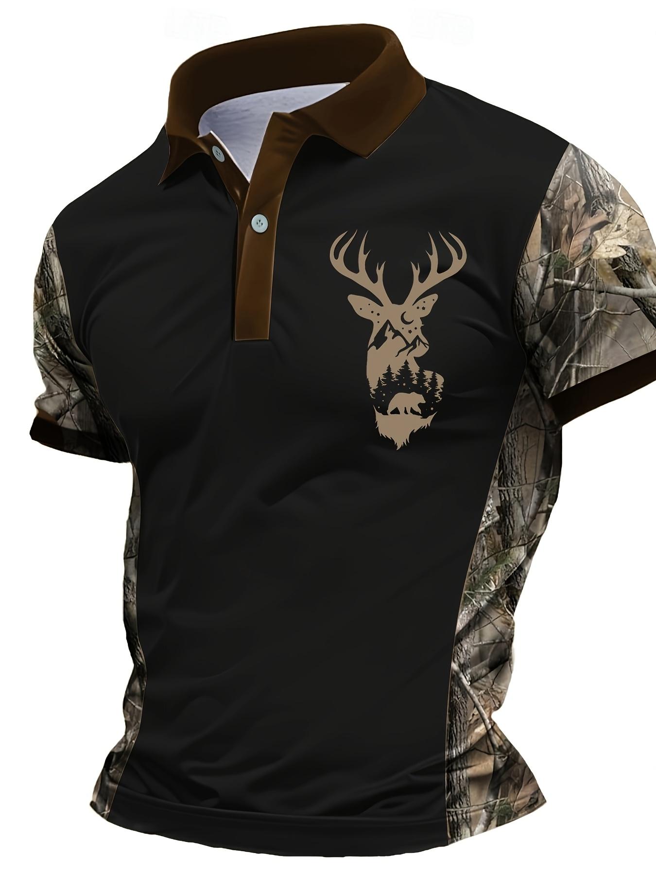 Men's Camouflage Quick Drying Shirt - Casual Outdoor Style, Deer Head Print, Short Sleeve, Button Neck, Summer Hunting and Hiking Clothing, Hiking Equipment Golf Polo Golf Apparel