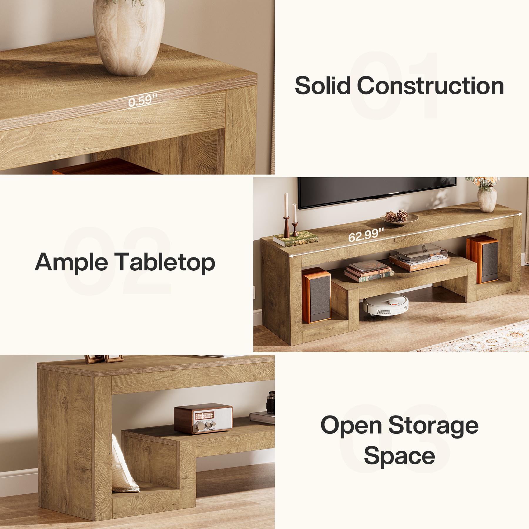 LITTLE TREE 63-Inch TV Stand for 55/60/65/75-Inch TVs, Farmhouse Entertainment Center with Open Storage Shelves, Wood Television Console for Living Room, Bedroom