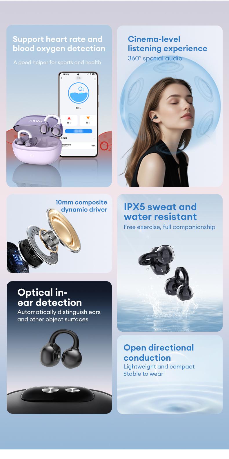 PAXA Hbuds pro  Bluetooth Heart Rate Earphones, supporting heart rate and blood oxygen detection, equipped with optical in ear detection, IPX5 waterproof and sweat proof, very suitable for outdoor sports