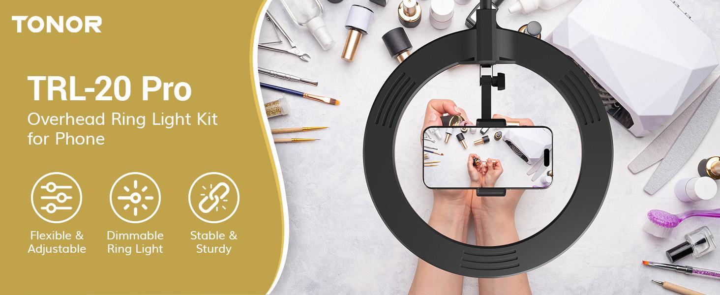 TONOR 10" Overhead Ring Light Kit, Boom Arm & Phone Holder, Adjustable Angle for Recording, Live Stream, Makeup & Nail Art Led Selfie Accessories Selfie Stand