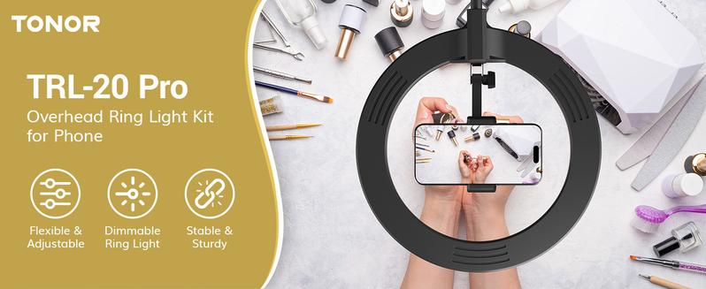 TONOR 10" Overhead Ring Light Kit, Boom Arm & Phone Holder, Adjustable Angle for Recording, Live Stream, Makeup & Nail Art